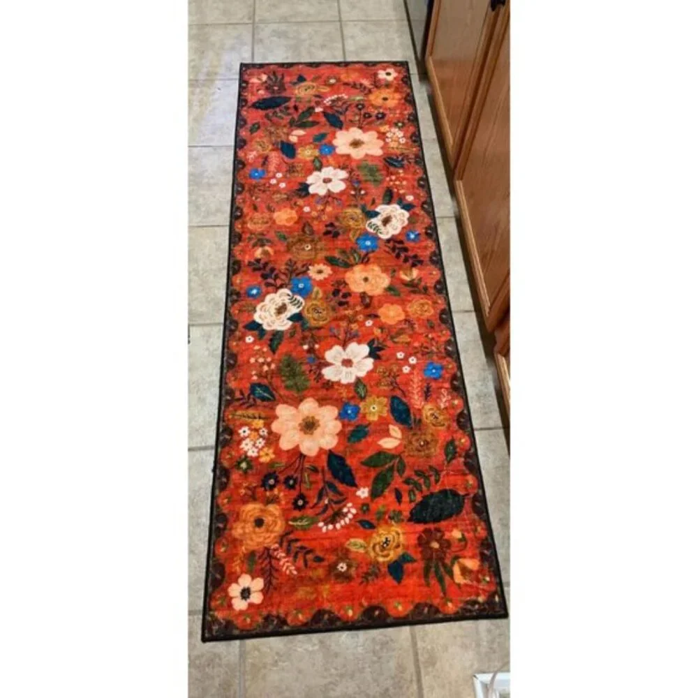 Non Slip 2 x 6 Red Washable Runner Rugs with Rubber Backing Soft Floral Carpet